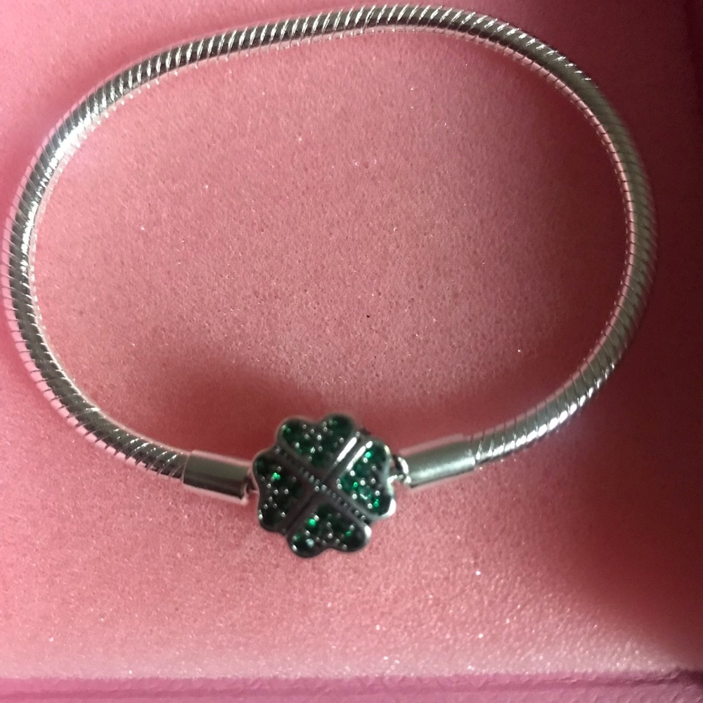 Sterling Silver Charm Bracelet with Green Clover Charm
